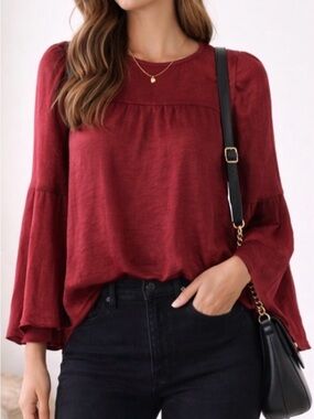 Halogen Rich Red Satin Blouse | Flowy Sleeve | Size Small